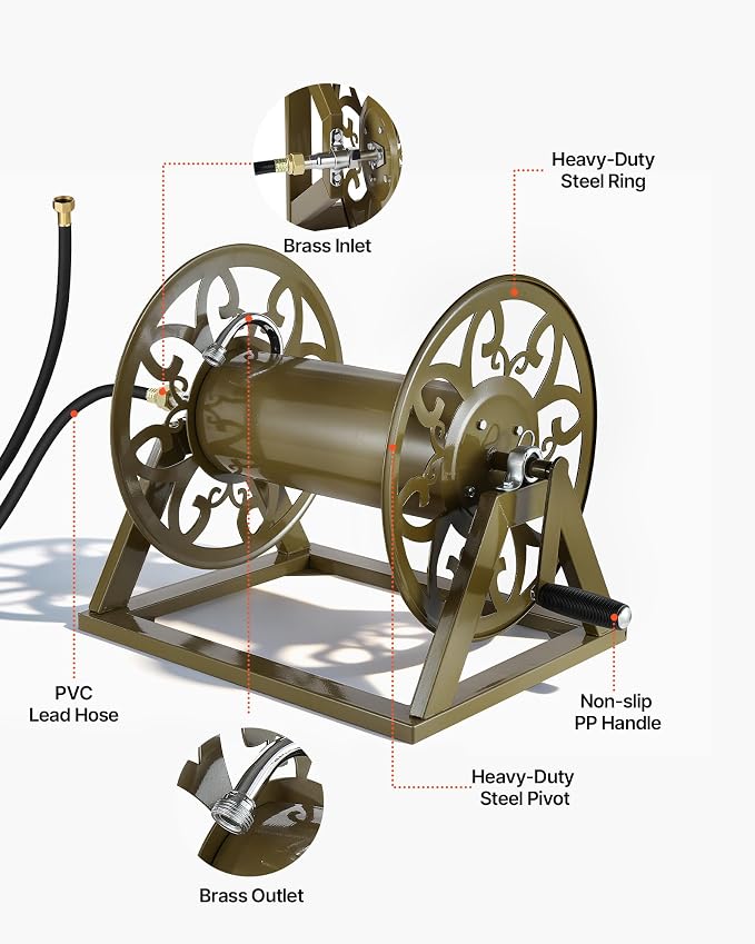 VEVOR Wall Mounted Garden Hose Reel, Holds 200 Feet of 5/8-inch Hose, Outdoor Heavy-Duty Waterhose Holder Winder, with Brass Connector, Decorative Pattern, Bronze Finish, for Backyards and Gardens