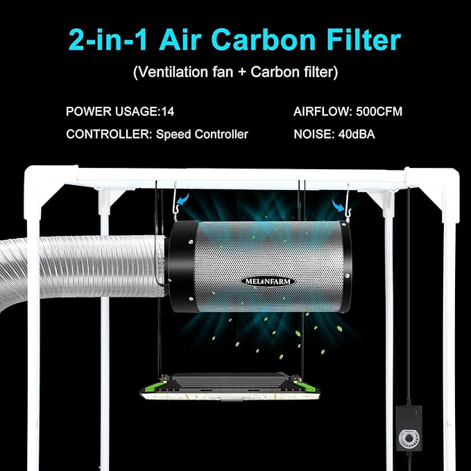 MELONFARM Air Filtration Kit 4", Built-in 14cm Fan Low Nois Carbon Filter with 12-Speed Controller, 8' Ducting, Cooling & Ventilation System for Grow Tents, Indoor Gardening, Hydroponics 4“x12.6"