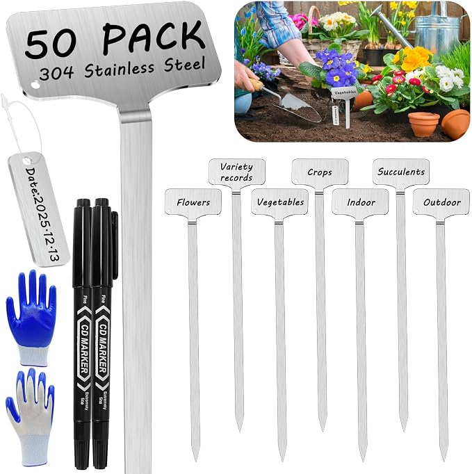 304 Stainless Steel Plant Markers, 50 Waterproof Metal Plant Label Stakes with 50 Tag Buckles & 2 Marker Pen, 12.75" Garden Markers for Outdoor Indoor Plants Identification.