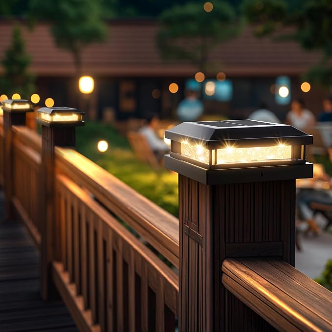 Solar Post Cap Lights Outdoor 12 Packs for 4x4 4.5x4.5 5x5 Vinyl/Wooden Posts, Waterproof Solar Powered Fence Post Light with Warm/Cool Lighting, Black 16LEDs Deck Cap Light for Garden, Patio, Porch