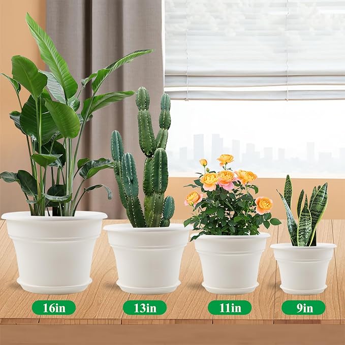 Pottiffe 16 inch Plastic-Flower-Pot-for-Indoor-Plants, 4 Pack Large Outdoor Planter Pot with Drainage Holes & Saucers, Resin Decorative Garden Pots Planters