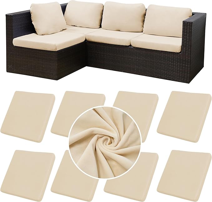 BIETYONE 8Pcs Stretch Velvet Patio Cushion Cover,Fluffy,for Fall Outdoor Couch Cushion Cover Replacement,Washable Indoor Outdoor Cushion Slipcovers(Beige,Cover Only)