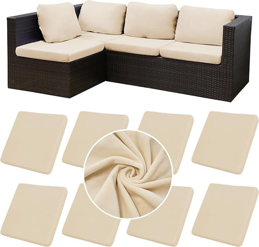 BIETYONE 8Pcs Stretch Velvet Patio Cushion Cover,Fluffy,for Fall Outdoor Couch Cushion Cover Replacement,Washable Indoor Outdoor Cushion Slipcovers(Beige,Cover Only)