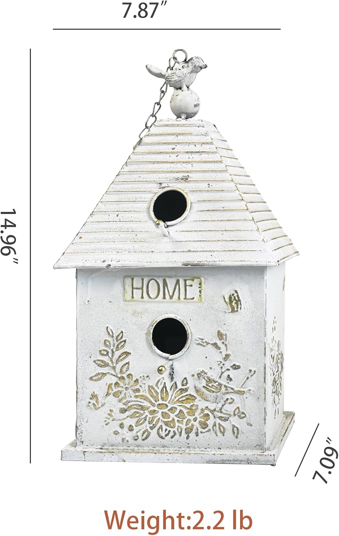 Vintage Metal Hanging Birdhouse, Home Decorative Bird House with Floral & Bird Accents, Weathered White Bird Home, Ideal for Outdoor Garden Decor