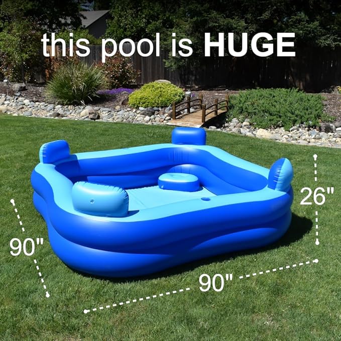 Inflatable Pool w/Seats & Headrests, 8ft x 8ft, Comes with Electric Pump and Ground Tarp Included - Fast Setup and Reinforced Seams