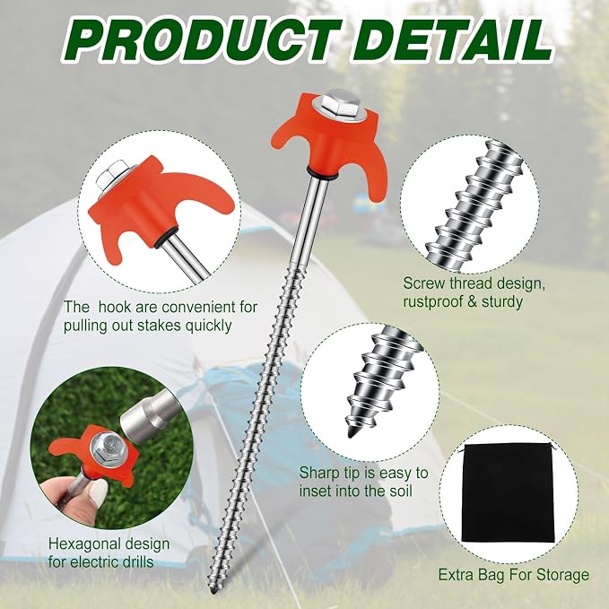 Yaocom 20 Pcs 8" Screw in Tent Stakes Heavy Duty Tent Stakes Drillable Ground Anchors Screw Metal Tent Pegs Threaded Tent Spikes with Head Driver for Swing Inflatable Decor (Orange)