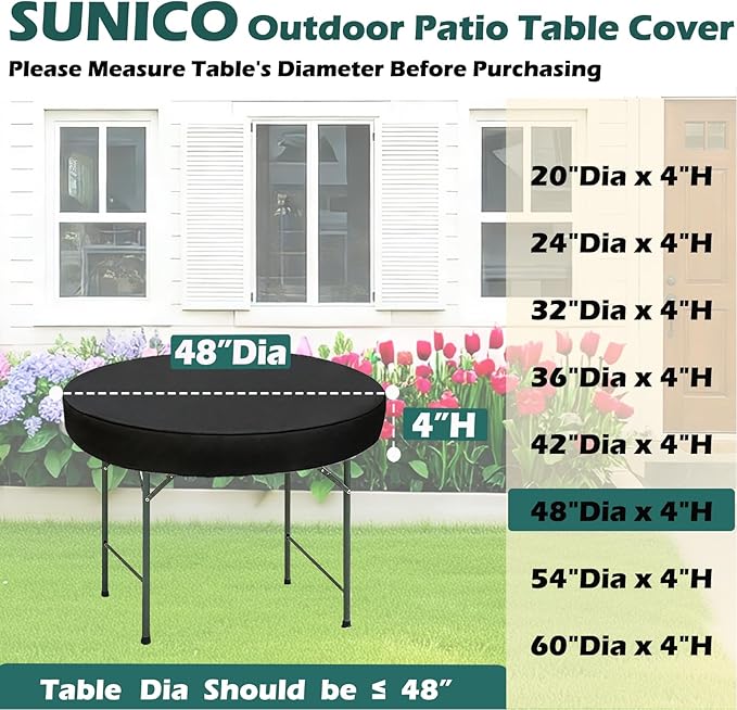 SUNICO Outdoor Round Table Cover 48" Dia, Patio Table Cover Round for Patio Circle Coffee Table & Dining Table & Picnic Table.Windproof, Waterproof, Stain-Resistant, Durable Table Cover