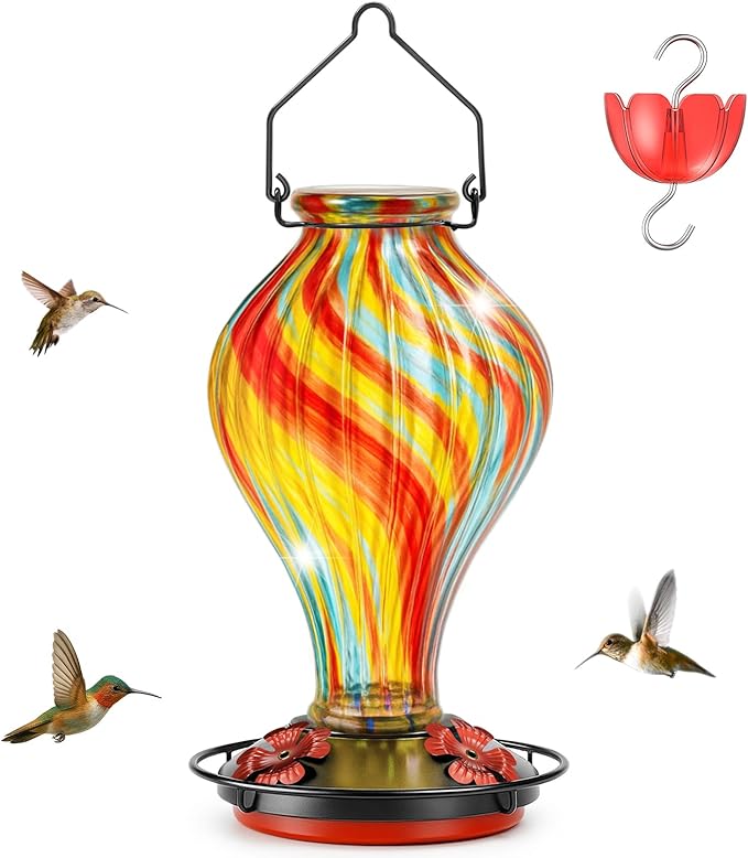 Hummingbird Feeders for Outdoors – Hand Blown Glass Outdoor Hanging Humming Bird Feeder with Ant Moat, 28 Ounces,Leakproof, Easy to Clean, Red Decorative Gift for Garden,Patio,Yard,Mom or Gardener