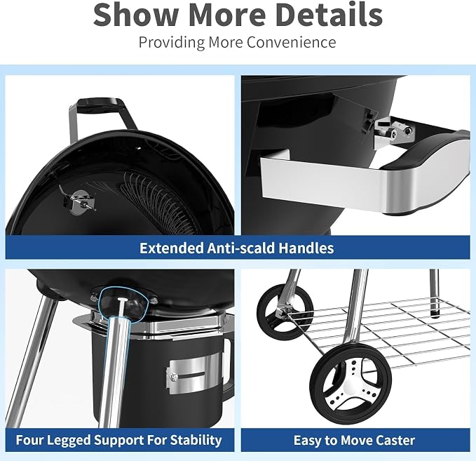 22.5-Inch Portable Charcoal Grill, Heavy Duty Kettle BBQ Smoker with Built-in Thermometer & Removable Water-Rinsable Ash Catcher for Outdoor Camping, Patio, Backyard, and Tailgating