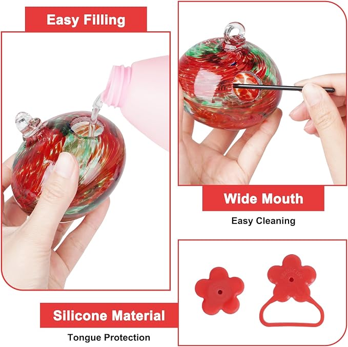 Pozfun Set of 3 Hummingbird Feeders for Outdoors Hanging,Hand-Blown Glass Hummingbird Feeder with Silicone Feeding Perch,Never Leak,Gardening Gifts for Woman Man(Red)