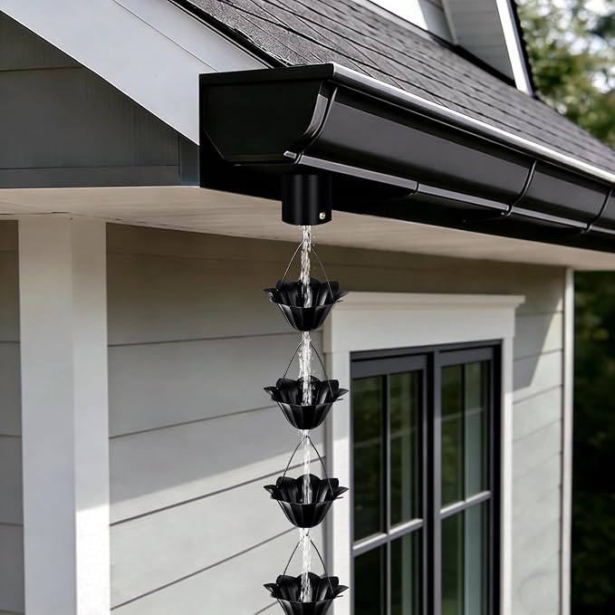 Rain Chains for Gutters Outside 8.5FT Black Rain Catcher Chain with Adapter 16 Cups Decorative Replacement for Downspout