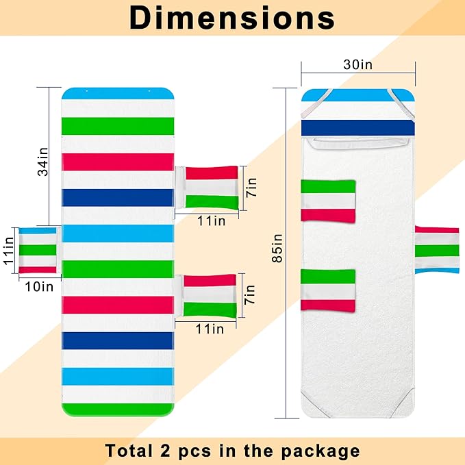 2-Pack Lounger Towel Cover with 3 Pockets, Chaise Durable Horizontal Striped Cover for Pool, Beach, Garden & Outdoor Use, 85x30 Inch, Blue Green Red Design