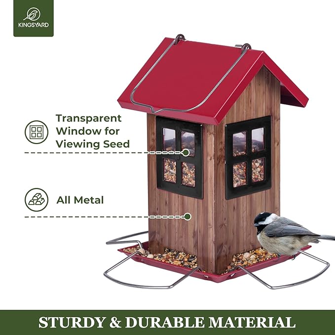 Kingsyard Cute Bird House Feeders for Outside, Hanging Metal Bird Feeder with 4 Ports, Outdoor Garden Yard Decorations for Cardinals Finches Chickadees Goldfinches & Sparrows Birds Watching
