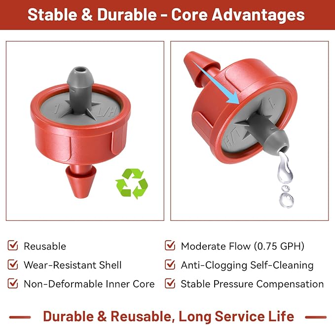 50 PCS 0.75 GPH Pressure Compensating Drip Irrigation Spot Watering Dripper, Balanced Flow Drip Irrigation Emitters Heads Irrigation Drippers Parts for Indoor Outdoor Compact Plant Gardens