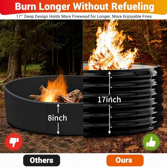 48''Large Fire Pit Ring – Outdoor Wood Burning Fire Pit for Backyard & Outside,17" Deep for Bigger Fires – Heavy Duty Galvanized Steel with High Heat-Resistant Coating for Patio, Camping & Bonfires
