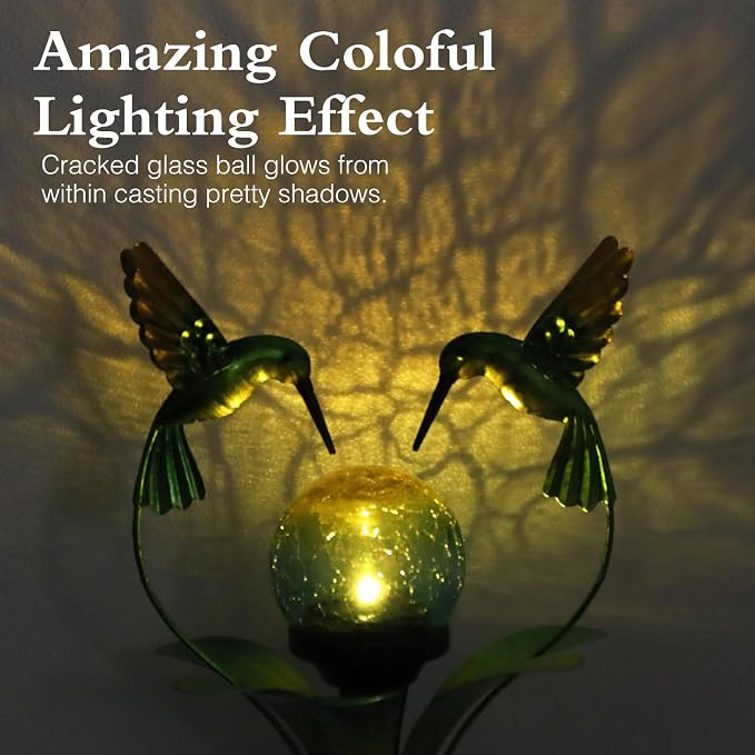 Solar Lights Outdoor Metal Garden Stake Waterproof Crackle Glass Globe Garden Decor Green Hummingbird for Pathway, Lawn, Patio, Yard