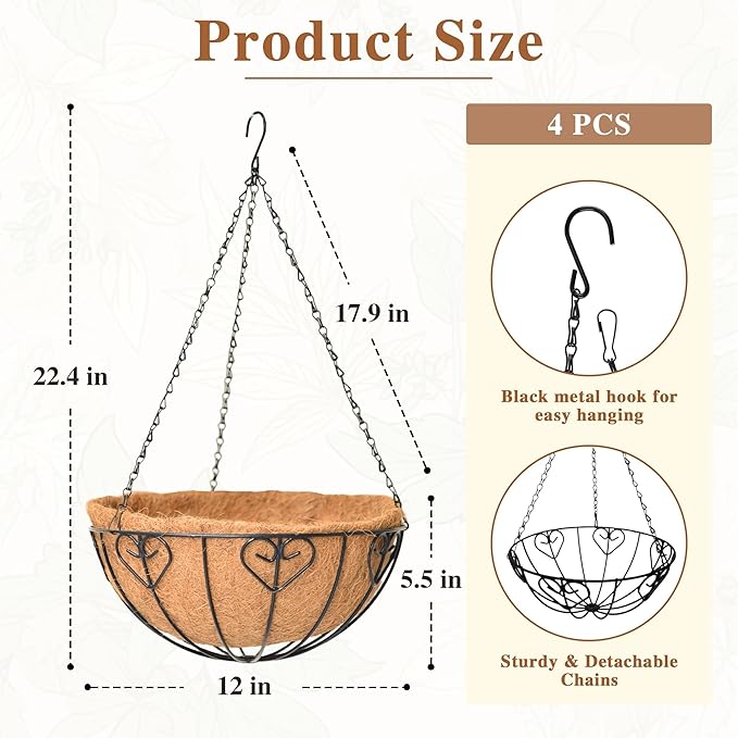 4 Pack Hanging Planter for Outdoor Plants 12 inch Metal Hanging Flower Basket with Coco Coir Liner Round Wire Plant Holder Chain Flower Pots Outdoor Garden Decoration Watering Hanging Baskets（AX）