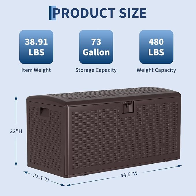 73 Gallon Waterproof Large Resin Deck Box Indoor Outdoor, Lockable Storage Container for Patio Furniture Cushions, Throw Pillows, Garden Tools, and Pool Floats, Black 44.5"L * 21.1"W * 22"H