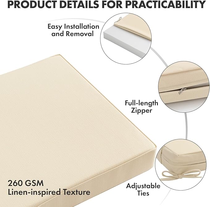 MIULEE Beige Outdoor Dining Cushion 20x20 Inch Waterproof & 3 Year Color Fastness Deep Seat and Back Cushion for Patio Furniture Chair with Ties