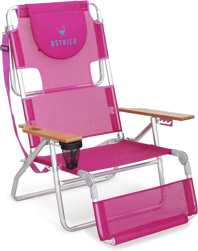 Ostrich the Original 3N1 Lightweight Beach Reclining Lounge Chair with Footrest, Outdoor Furniture for Patio, Balcony, Backyard, or Porch, Pink