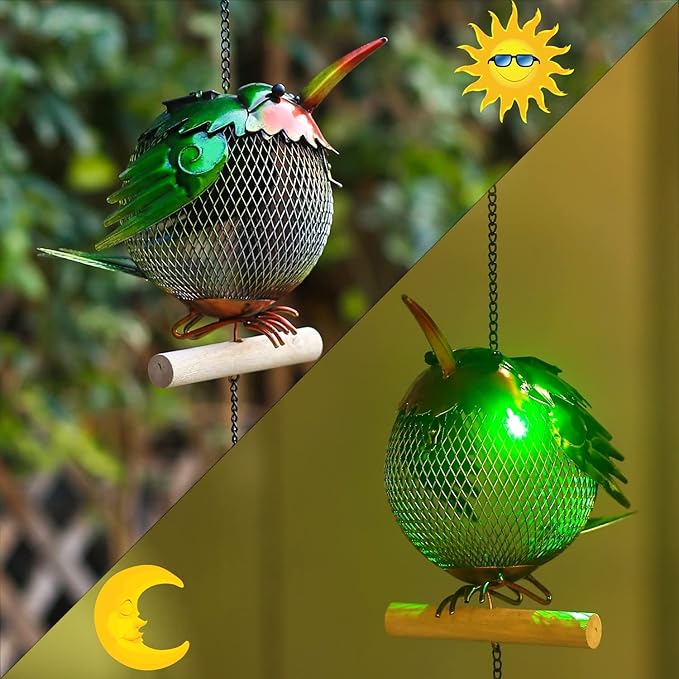 Solar Wild Bird Feeder Squirrel Proof for Outside - Unique Cute Metal Animal Shaped Bird Feeder with Solar Light, Wind Chime, Gift for Bird Lovers(Hummingbird)