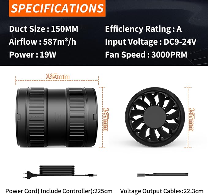 FanGoFast 6 Inch Inline Duct Fan 345CFM Airflow with Stepless Speed Control Low Noise Energy Saving Ventilation Booster Fan for Grow Tents,Workshops,Basements