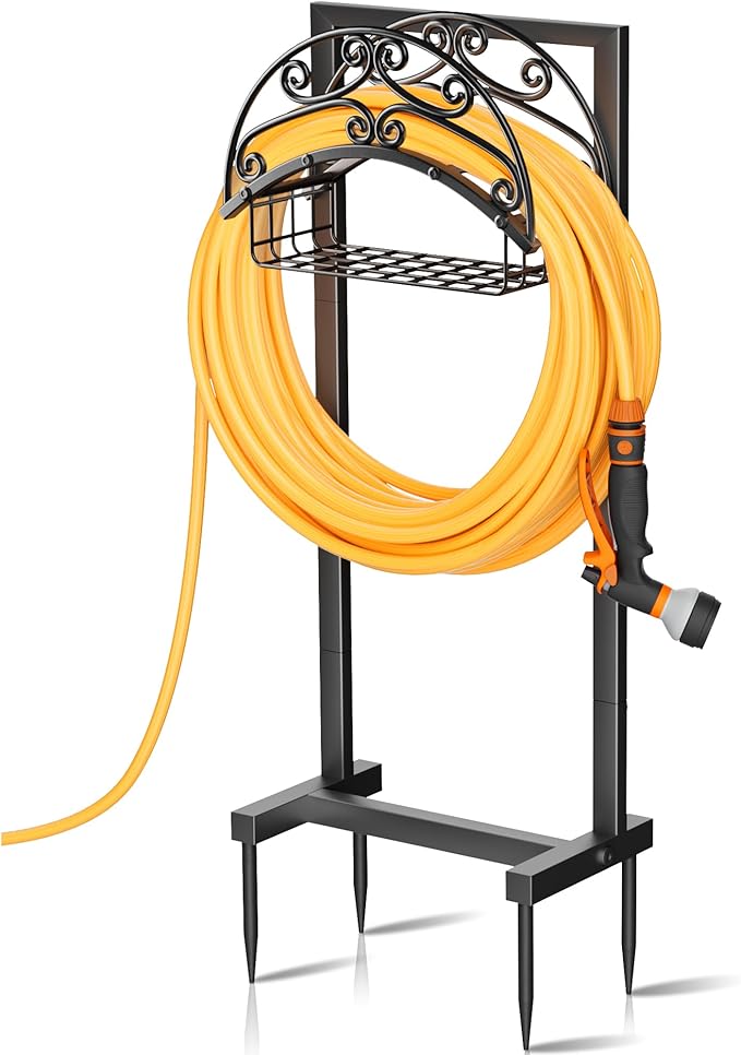 Gayuteay Garden Hose Holder – Upgraded Water Hose Stand with Storage Basket Holds 151ft, Heavy Duty Freestanding Garden Hanger Storage Rack for Outside Yard Lawn Farm