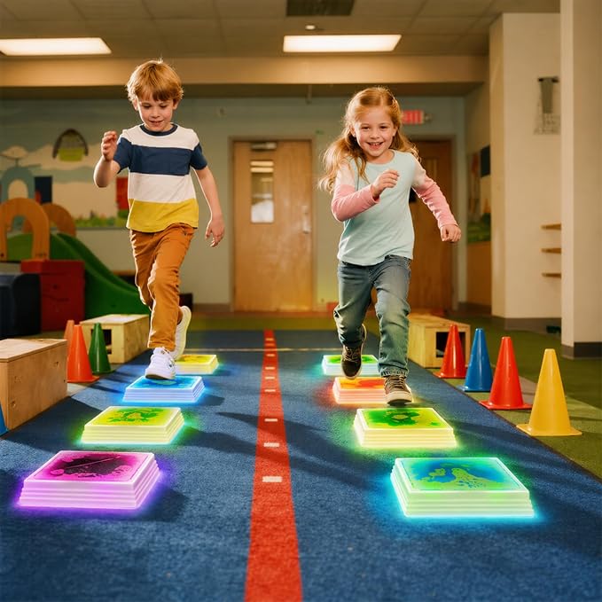 Liquid Light-Up Stepping Stones for Kids Ages 3+ – Step-On 12" Touch-Activated 7-Color LED Sensory Balance Stones for Obstacle Course, Sensory Path and Calm Corner (4-Pack)