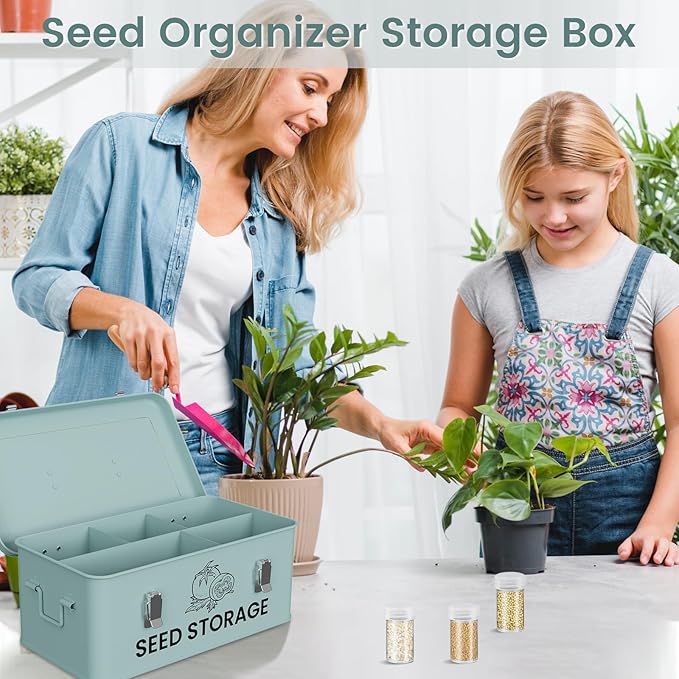 Seed Storage Organizer Box, Metal Seed Box, Garden Seed Organizer with Lid, Seed Containers Storage with 5 Compartments, 30 Seed Holder Organizers, 100pcs Seed Envelopes (Blue)