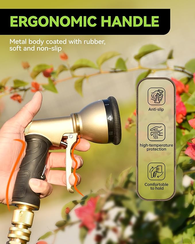 RAINPOINT Garden Hose Nozzle, 9 Spray Patterns Hose Sprayer Nozzle, Heavy Duty Metal Water Hose Nozzle, Adjustable Hand Sprayer, Watering Plants and Lawn, Pet Showering (Nozzle, Green)