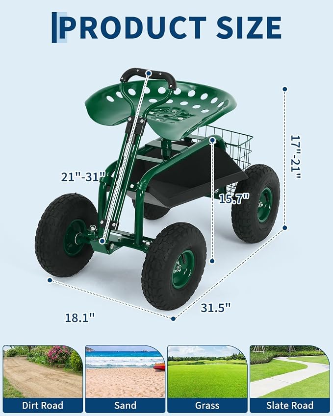 Garvee Heavy Duty Garden Seat, Garden Scooter Rolling Work Seat, 360° Swivel with 10-Inch All-Terrain Inflatable Tires, Extendable Steering Handle & Metal Tool Tray for Planting, Weeding, Yard Work