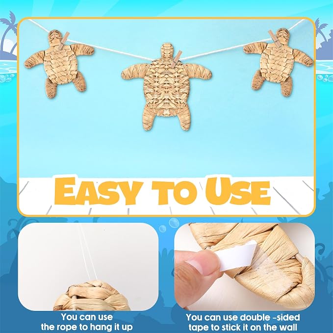 Threehoney 4 Pcs Sea Turtle Beach Theme Decor Handmade Wicker Turtle Wall Decor Sea Life Hanging Wall Art Coastal Nautical Sculpture Table Decoration for Boho Bathroom Indoor Outdoor Ornament