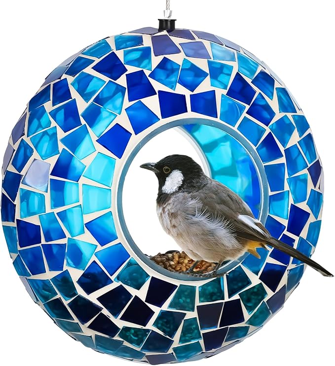 6 Inch Mosaic Glass Hanging Bird Feeder for Outdoors，Fly Through Bird Feeders for Wild Birds, Cute Seed Container with Round Shape for Backyard Window Garden Porch Decor, Ocean Blue Mosaic