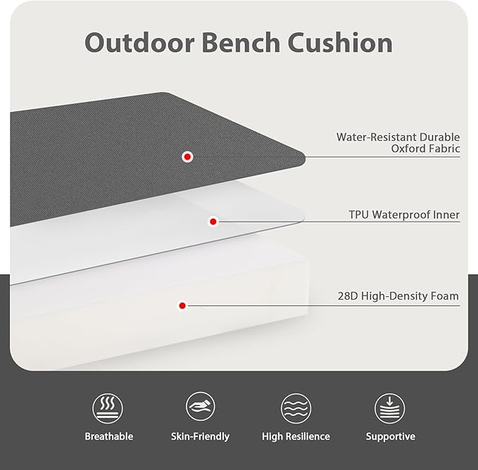 Favoyard Outdoor Bench Cushion 59 x 18 Inch Waterproof Patio Furniture Cushions 3-Year Color Fastness Garden Sofa Settee Couch Swing Pads with Handle and Attach Ties, Dark Gray