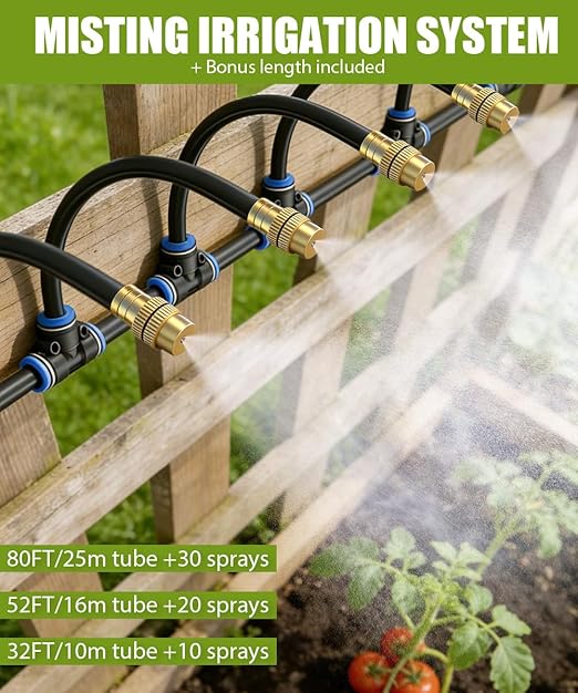 52FT Easy-Snap Garden Irrigation System for Raised Beds & Greenhouses, Upgraded 8mm (5/16") High-Flow PE Tubing with 20 Bendable 360° Copper Nozzles, Quick-Connect Plant Watering Kit