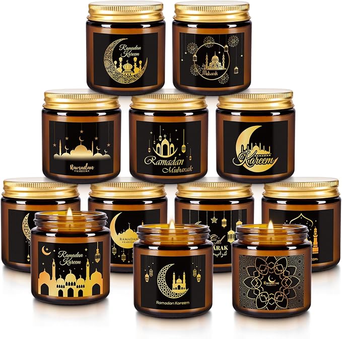 12pack Ramadan Scented Candles 3.5oz Soy Wax，Muslim Islamic Party Favors Gifts Glass Jar Candles for Home Happy Eid Festival Decor(Brown,Pattern)