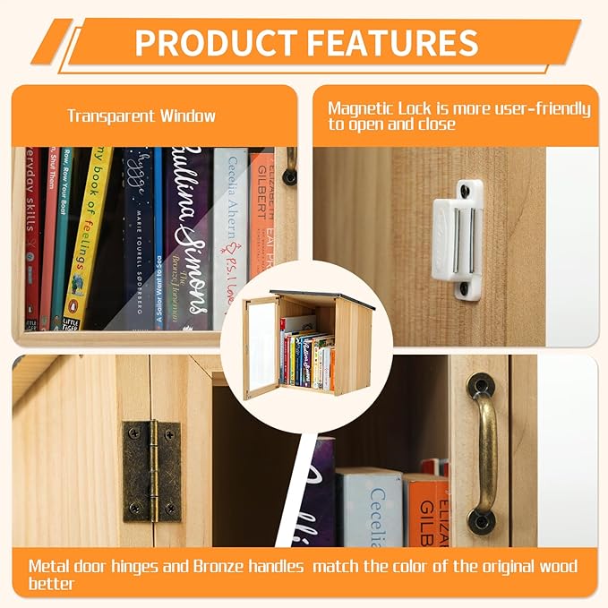 Little Library Box Outdoor, Waterproof Wooden Book Cabinet with Clear Window for DIY, Community & School Sharing, Weatherproof Neighborhood Book Exchange for Literature, Magazines & Newspapers