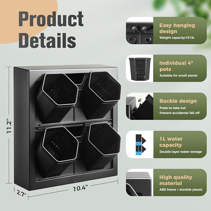 Wall-Mounted Planters Indoor, Living Wall Planter with 4 Pots - Vertical Planter Wall & Hanging Planter for Home, Office, Balcony or Shop No Assembly Required (Black)