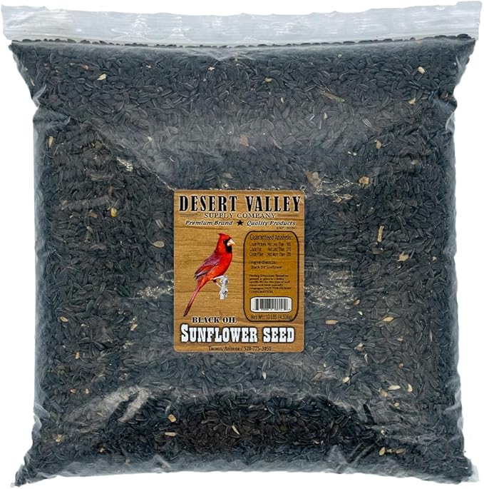 Desert Valley Black Oil Sunflower Seed, All Natural, Non-GMO Premium Wild Bird and Wildlife Food for Cardinals, Dove, Jays, Squirrels, and More (10-Pounds)