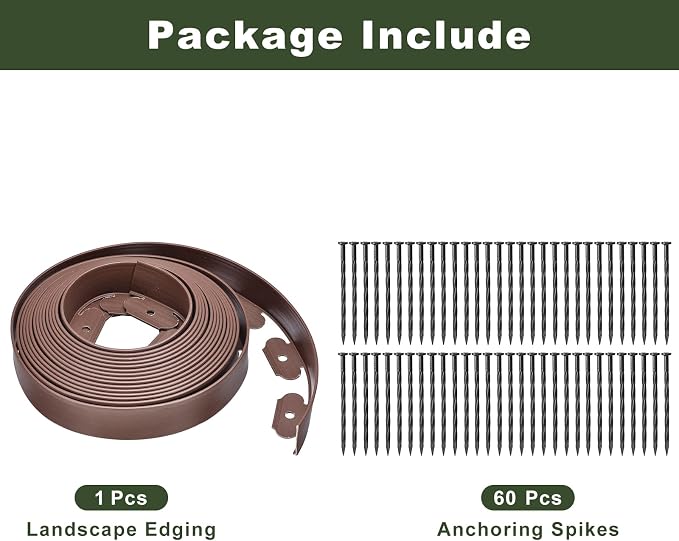 uxcell Landscape Edging, 1Pcs 66FT x 2" - Garden Edging Kit with 60 Stakes, Landscape Edging Border for Garden Lawn Flower Bed Yard Grass (Coffee)