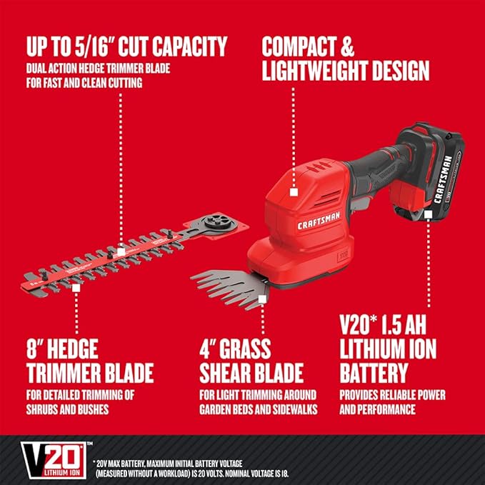 CRAFTSMAN V20 4 In. Cordless Handheld Grass Trimmer and 8 In. Mini Hedge Trimmer, Battery and Charger Included, Rechargeable 2 in 1 Grass Shear and Bush Trimmer (CMCSS800C1)