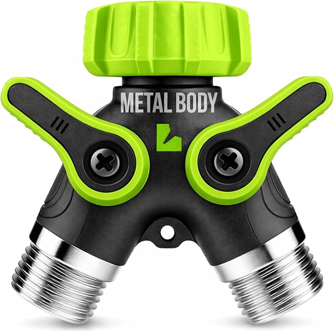 LIME 2 Way Hose Splitter Heavy Duty - Metal Y Garden Hose Splitter with Shutoff Valves, Brass Outdoor Faucet Adapter for Spigot, 3/4 Inch GHT Water Hose Connector