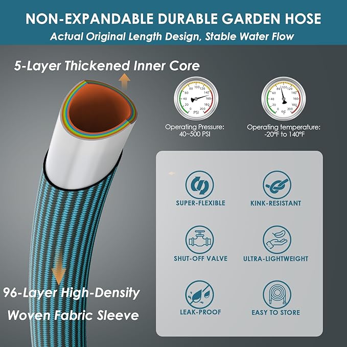FlexiSolve NON-EXPANDABLE Garden Hose 25 ft, Ultra Lightweight Flexible Water Hose with 10-Pattern Nozzle & Shut-Off Valve, Holder, Leakproof & Kink-Resistant Reinforced Fittings for Yard Outdoor