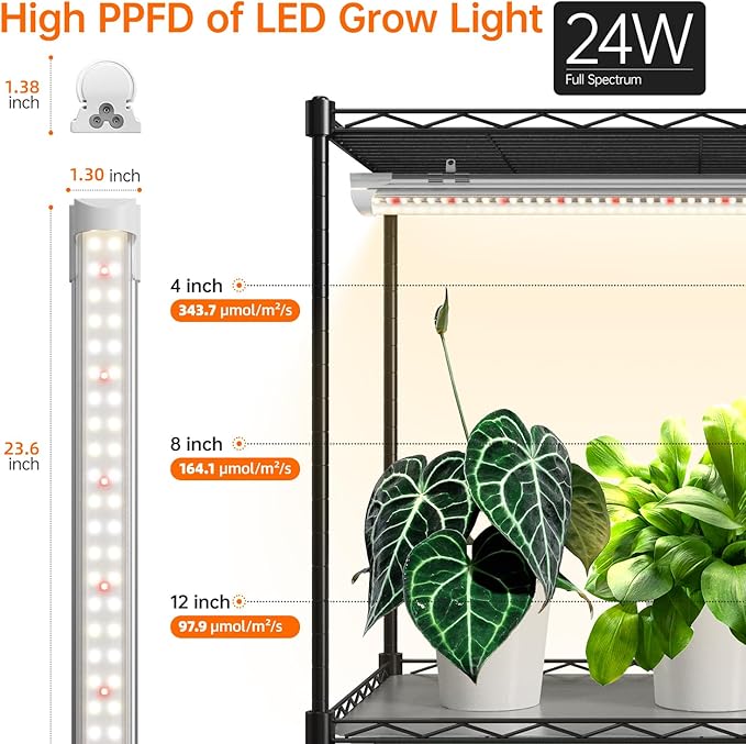 Bstrip Plant Shelf with Grow Light with Timer, Metal Plant Stand with Adjustable Rack and Wheels, 4 Pack 24W Full Spectrum Grow Light Strip for Indoor Plants, Seed Starting, 35.4"x13.8"x59"