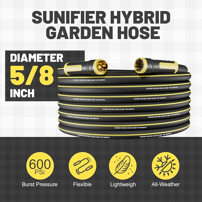 Hybrid Rubber Garden Hose 5/8 Inch, 50 ft Heavy Duty Kink-Free Water Hose, 3-Layer Reinforced, 600 PSI Burst Pressure, Water Safe, All-Weather Flexible Hoses for Yard, Lawn (Black,50 ft)