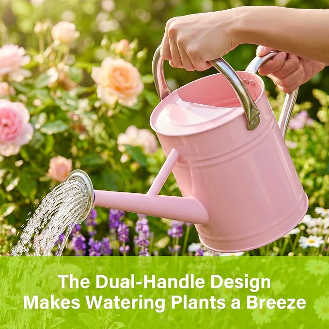 Watering Can for Outdoor&Indoor Plants，1 Gallon Metal Watering Can with with Removable Spout，Galvanized Steel Garden Flower Water Can Plant Watering Pot with 2 Handles,Pink