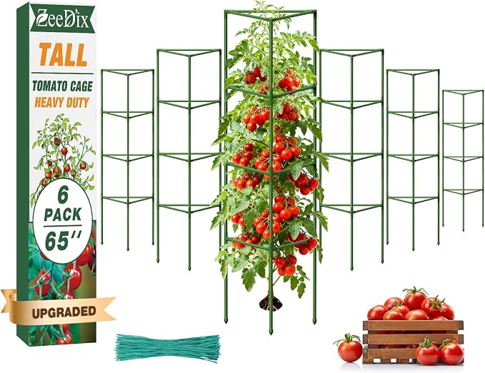 ZeeDix 6 Pack 65 Inch Tall Tomato Cages for Garden, Heavy Duty Large Plant Trellis Support Stakes for Climbing Plants, Adjustable Tomatoes Cage for Pots & Outdoor Raised Garden Bed
