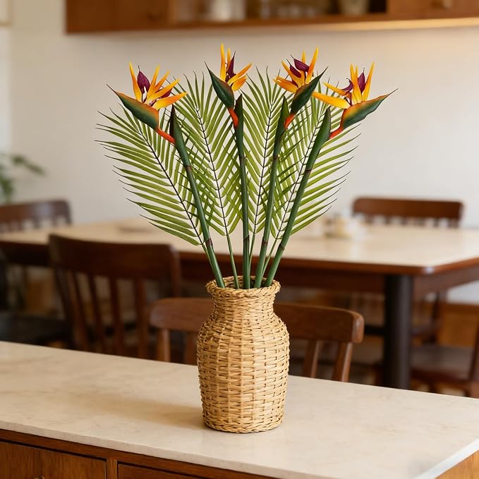 8 PCS Bird of Paradise Artificial Plant Combo Palm Leaves,4 Faux Bird of Paradise Plant with 4 Artificial Palm Leaves for Wedding Garden Office Home Indoor and Outdoor Decor(Yellow)