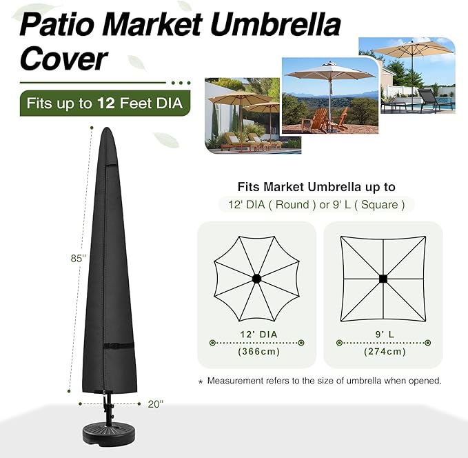Porch Shield Patio Umbrella Cover - Outdoor Waterproof Garden Market Parasol Covers Fits Market Umbrella up to 12 Feet, Black
