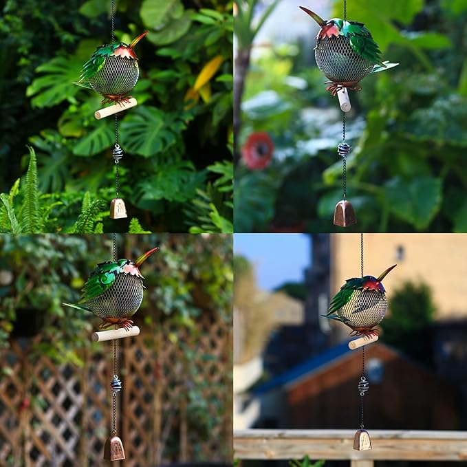 Solar Wild Bird Feeder Squirrel Proof for Outside - Unique Cute Metal Animal Shaped Bird Feeder with Solar Light, Wind Chime, Gift for Bird Lovers(Hummingbird)
